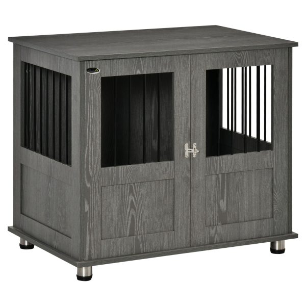 Stylish Dog Kennel, Wooden End Table Furniture with Cushion & Lockable Magnetic Doors, Small Size Pet Crate Indoor Animal Cage, Grey