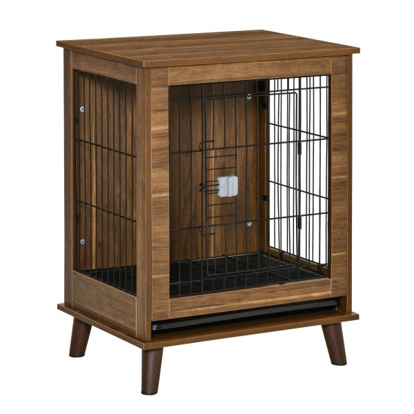 Stylish Dog Kennel, Wooden & Wire End Table Furniture with Cushion & Lockable Magnetic Doors, Small Size Pet Crate Indoor Animal Cage, Brown