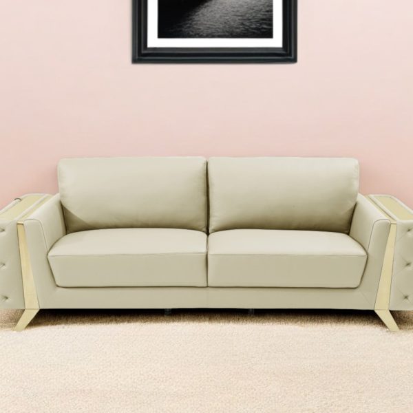 The Aldridge – Beige Italian Leather Sofa with Gold Legs