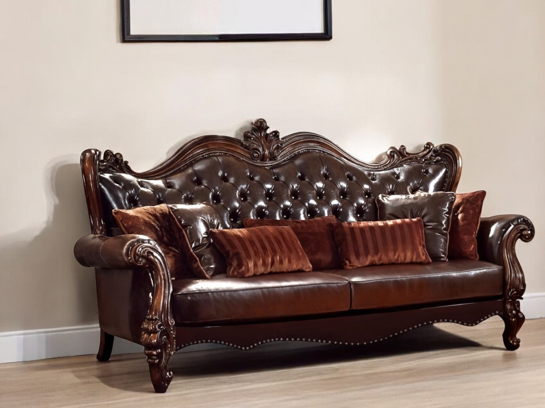the-beaumont-brown-faux-leather-sofa-with-toss-pillows-7506321 The Beaumont – Brown Faux Leather Sofa with Toss Pillows - Image 1