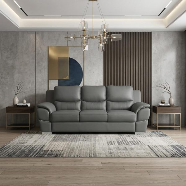 The Halston – 85" Gray Leather Sofa With Silver Legs