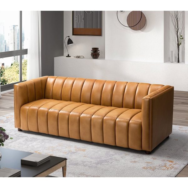Ulysses Genuine Leather Sofa – Camel Channel-Tufted Luxury Sofa